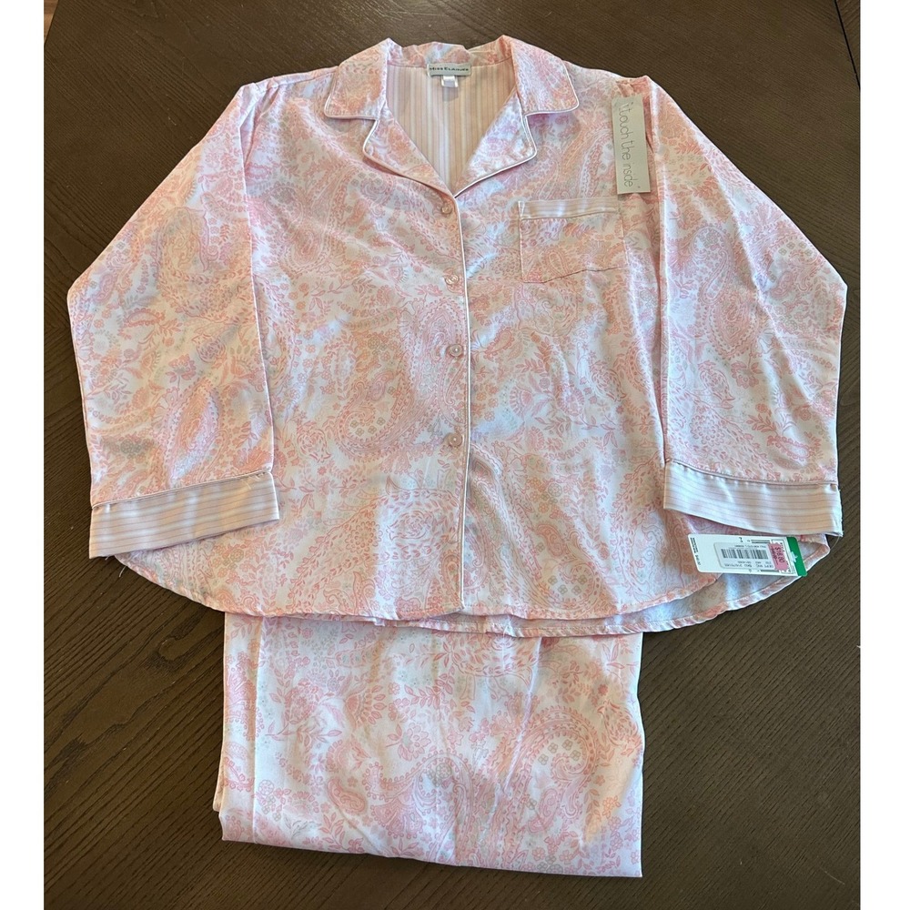 Miss Elaine Womens Pajama Set Large Pink Floral Paisley Button Front Pants NWT
